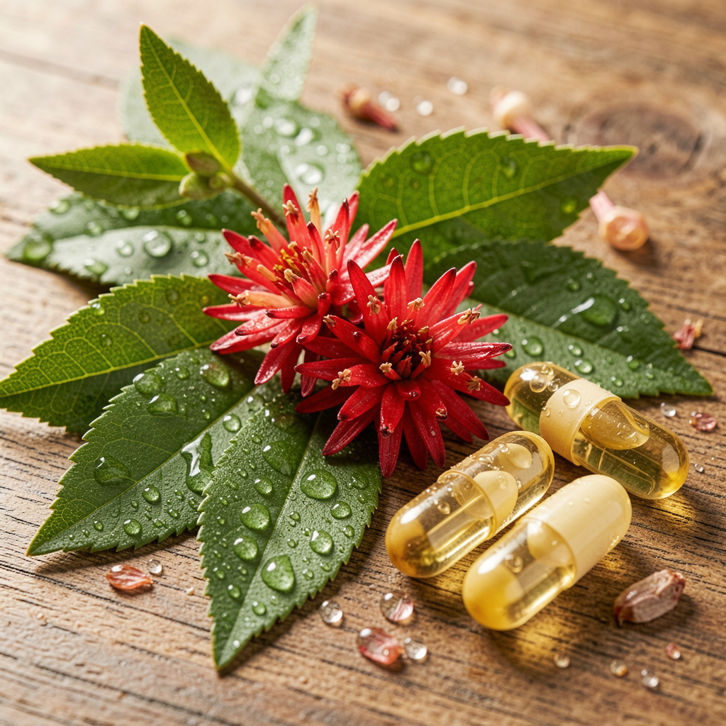 Natural botanical ingredients including green tea leaves, rhodiola rosea, and vitamin capsules arranged artistically